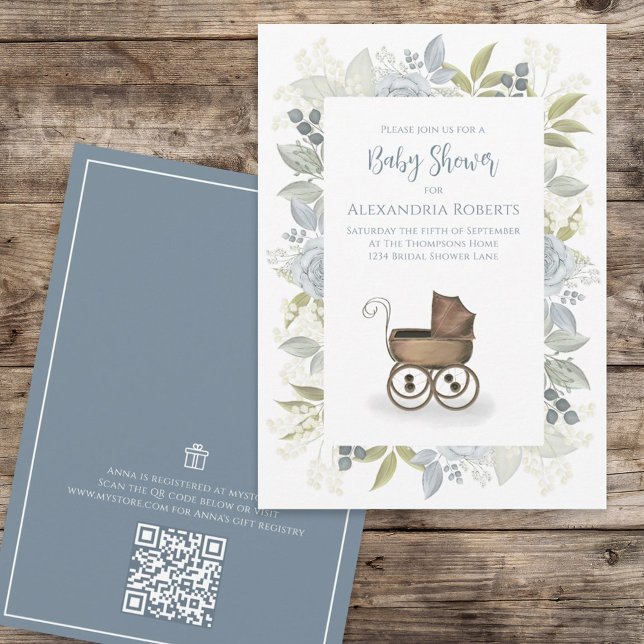 Invitation Aquarelle Floral Baby Blue QR Code Cadeau Registre (Créateur téléchargé)