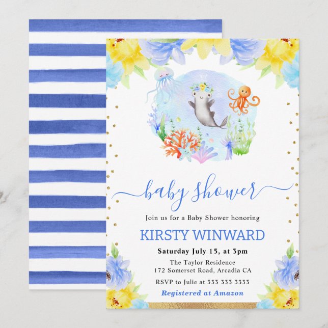 Invitation Aquarelle Floral Baby shower d'animaux sous-marins (Devant / Derrière)