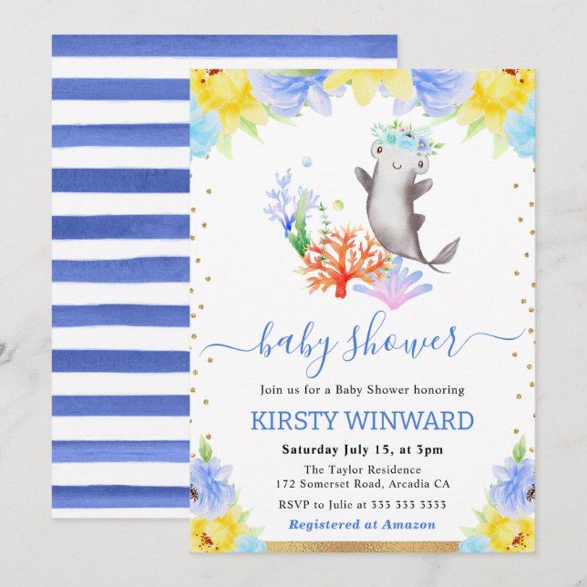 Invitation Aquarelle Floral Baby shower de requin sous-marin (Devant / Derrière)
