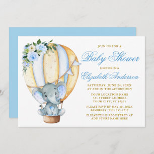 Invitation Aquarelle Floral Balloon Elephant Baby shower