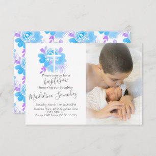 Invitation Aquarelle Floral Baptême Cross Baby Dedication