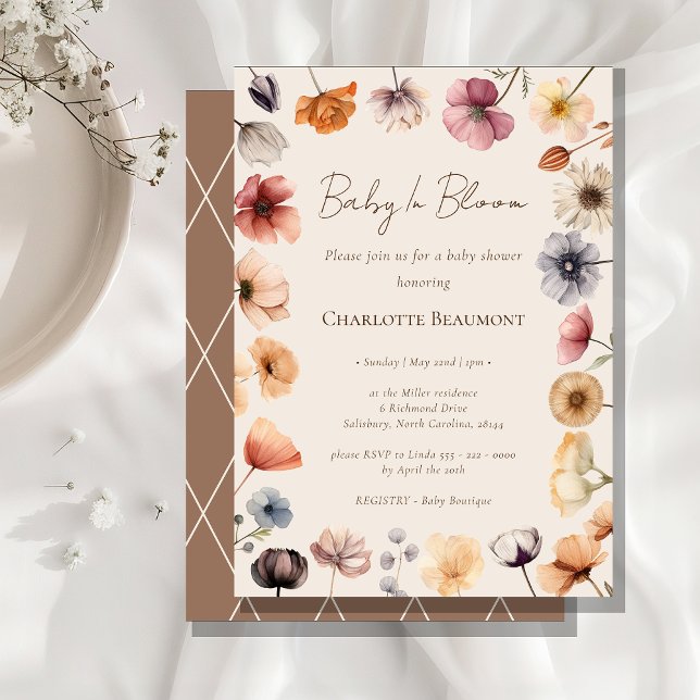 Invitation Aquarelle Floral Bébé En Fleur Baby shower Beige (Créateur téléchargé)