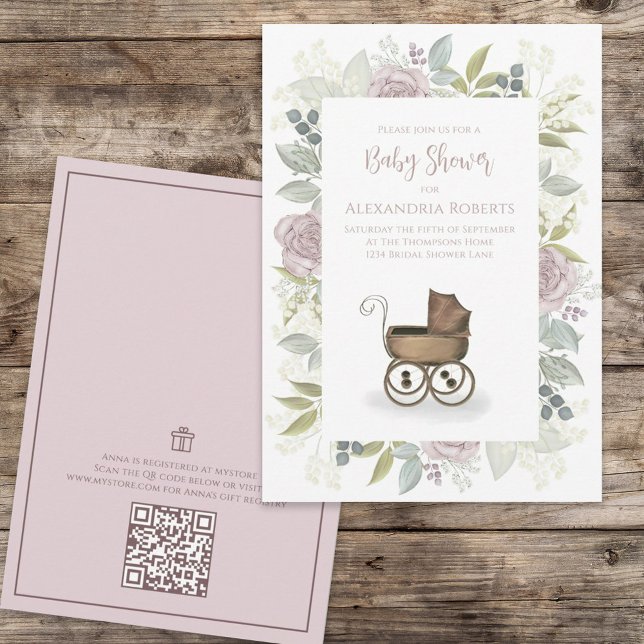 Invitation Aquarelle Floral Bébé rose QR Code Registre cadeau (Créateur téléchargé)