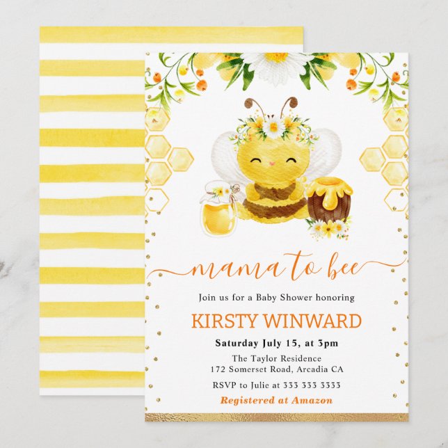 Invitation Aquarelle Floral Bee Baby shower (Devant / Derrière)