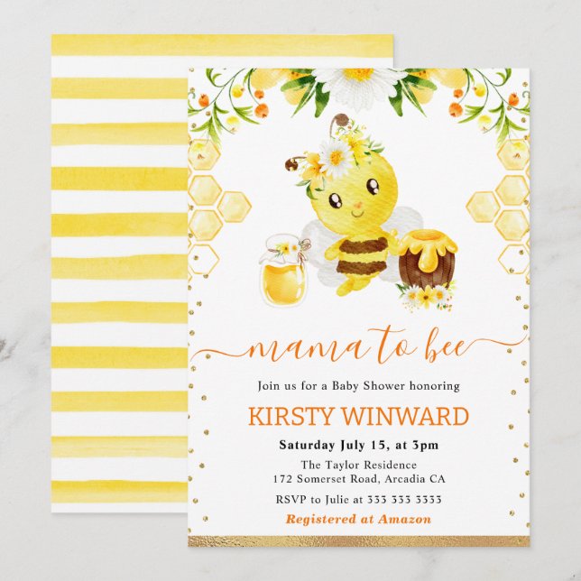 Invitation Aquarelle Floral Bee Baby shower (Devant / Derrière)