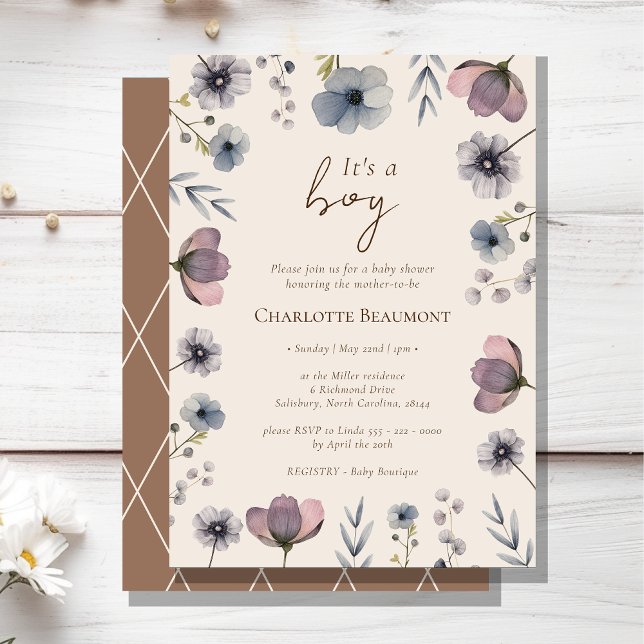 Invitation Aquarelle Floral Beige C'est un Baby shower garçon (Créateur téléchargé)