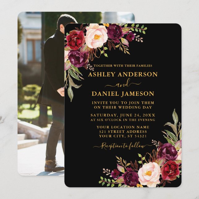 Invitation Aquarelle Floral Black Gold Mariage photo (Devant / Derrière)