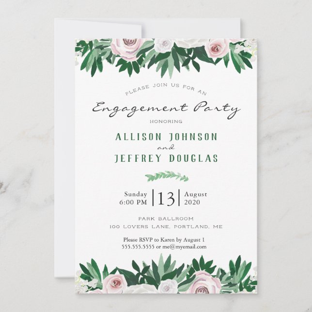 Invitation Aquarelle Floral Blanc Green Engagement Party (Devant)