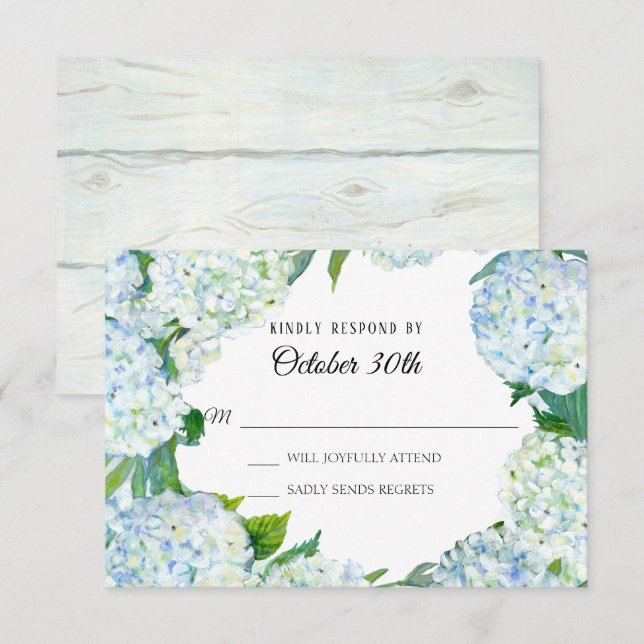 Invitation Aquarelle Floral Bleu Blanc Hydrangea Bois Rustiqu (Devant / Derrière)