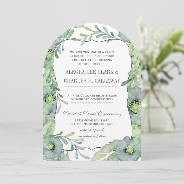 Invitation Aquarelle Floral Bleu et Mariage vert (Debout devant)