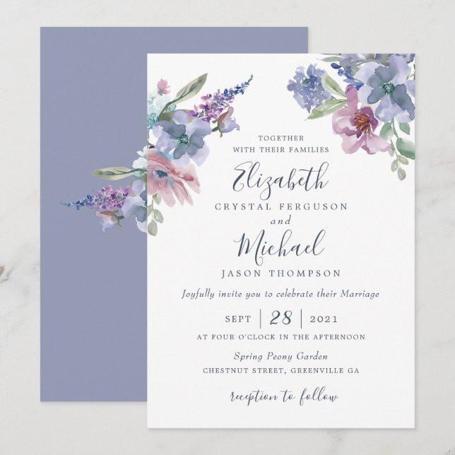 Invitation Aquarelle Floral Bleu pourpre Bleu Moderne (Devant / Derrière)