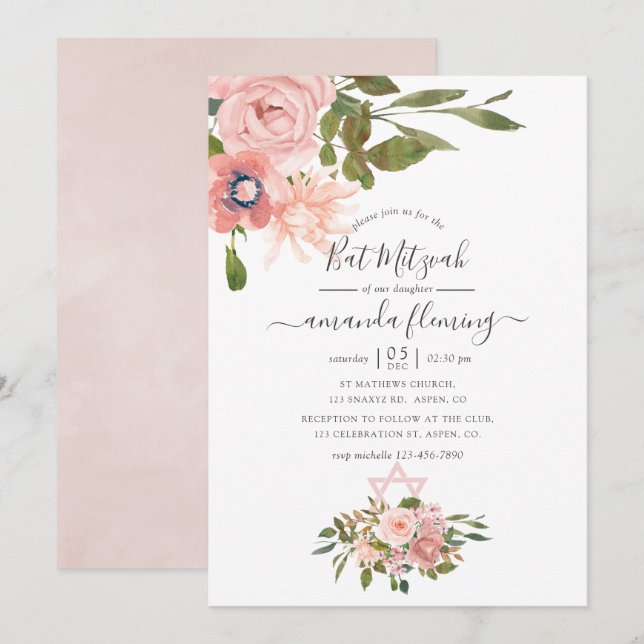 Invitation Aquarelle floral Blush et Rose Bat mitzvah or (Devant / Derrière)