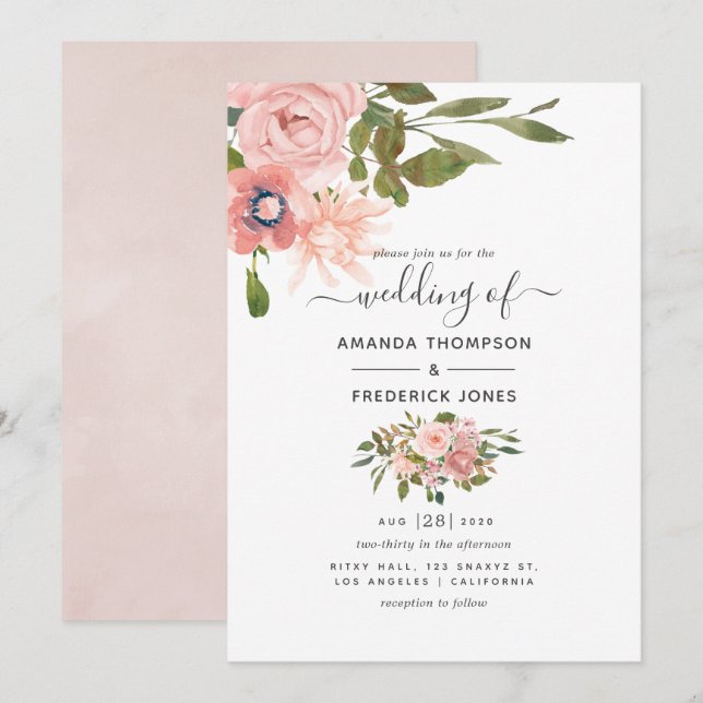 Invitation Aquarelle floral Blush et Rose Mariage or (Devant / Derrière)