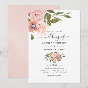 Invitation Aquarelle floral Blush et Rose Mariage or