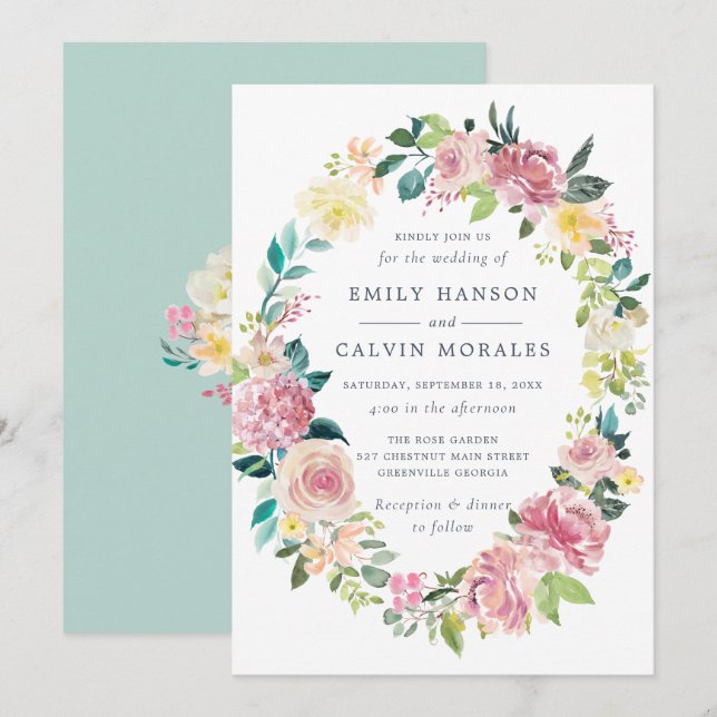Invitation Aquarelle Floral Blush Green Wreath (Devant / Derrière)