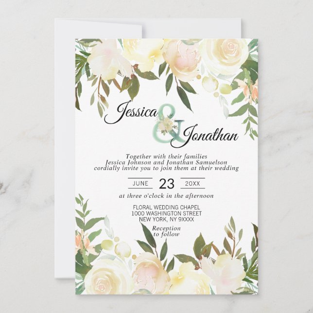 Invitation Aquarelle Floral Blush Mariage d'ivoire rose (Devant)