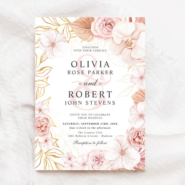 Invitation Aquarelle Floral Blush Mariage or rose (Créateur téléchargé)