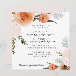 Invitation Aquarelle Floral Blush Peach Grey Foliing Mariage