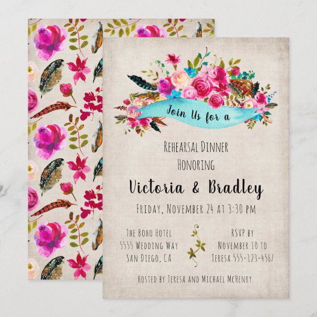 Invitation Aquarelle Floral Boho Dîner de répétition chic (Devant / Derrière)