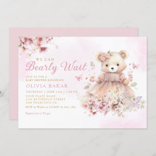 Invitation Aquarelle Floral Boho Teddy Bear Girl Baby shower