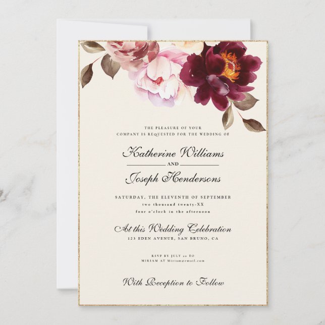 Invitation Aquarelle Floral Bourgogne Bouquet Romance Mariage (Devant)