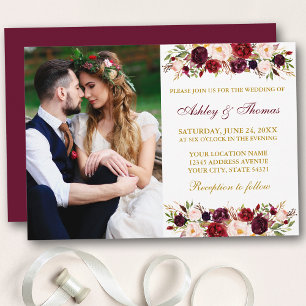 Invitation Aquarelle Floral Bourgogne Gold Photo Mariage