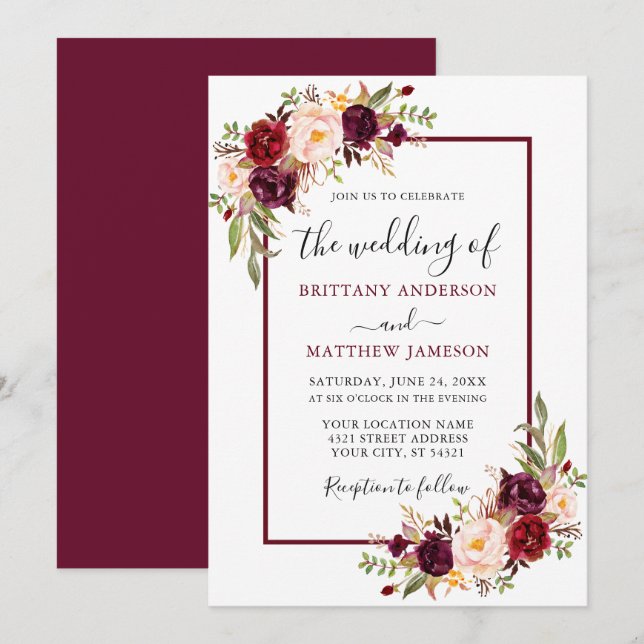Invitation Aquarelle Floral Bourgogne Mariage (Devant / Derrière)