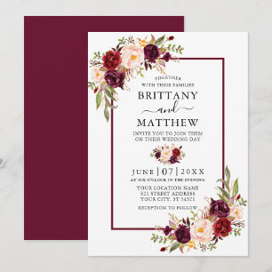 Invitation Aquarelle Floral Bourgogne Mariage cadre