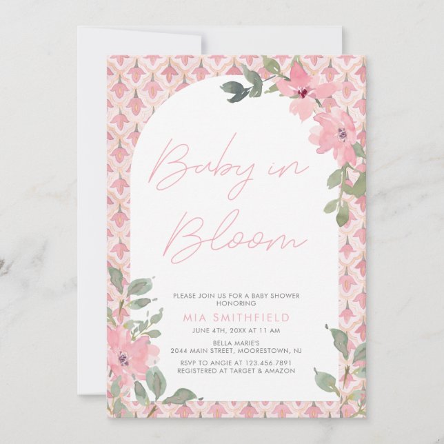Invitation Aquarelle Floral Carrelage rose bébé en fleurs Dou (Devant)