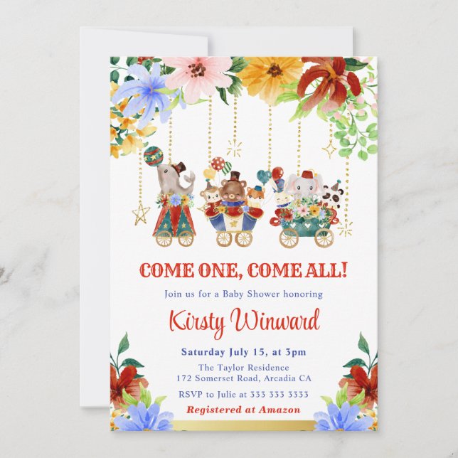 Invitation Aquarelle Floral Circus Animaux Baby shower (Devant)