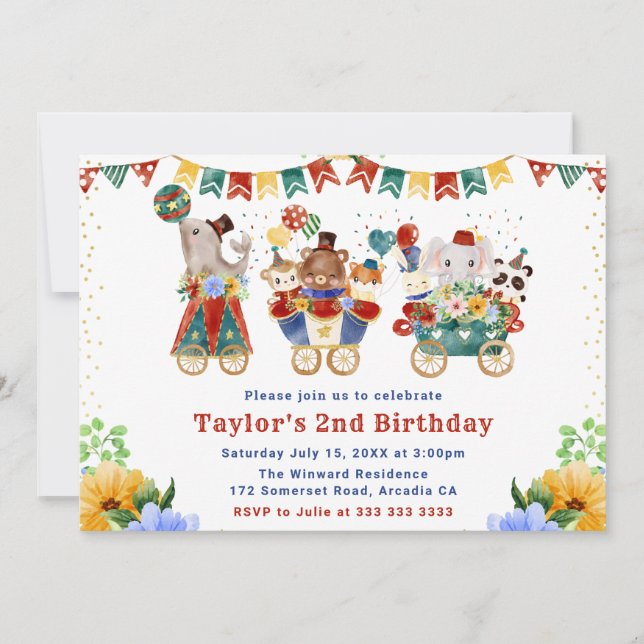Invitation Aquarelle Floral Circus Animaux Train Anniversaire (Devant)