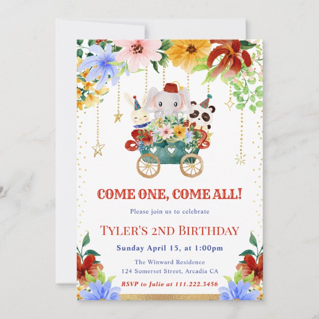 Invitation Aquarelle Floral Cirque Animaux Fête Anniversaire (Devant)