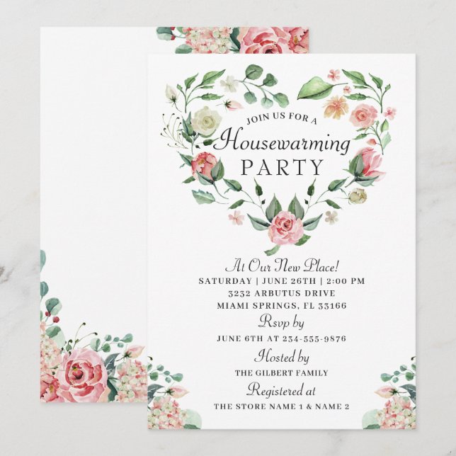 Invitation Aquarelle Floral Coeur Wreath Houseécher Party (Devant / Derrière)