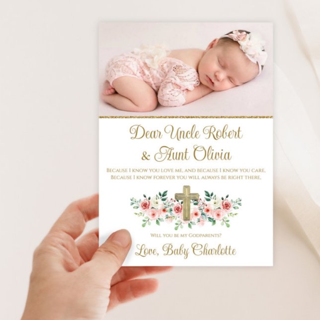 Invitation Aquarelle Floral Cross Baby Girl Godparent (Sweet pink and gold photo baby girl Godparent invitation. Simply add your photo and details.)