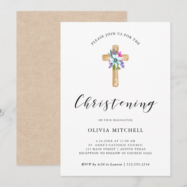Invitation Aquarelle Floral Cross Kraft Look | Christine (Devant / Derrière)
