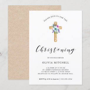 Invitation Aquarelle Floral Cross Kraft Look   Christine
