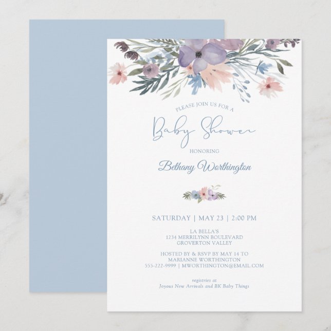 Invitation Aquarelle Floral Dusty Baby shower violet bleu (Devant / Derrière)