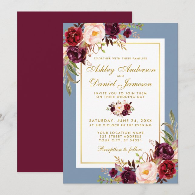 Invitation Aquarelle Floral Dusty Bleu Bourgogne Mariage or (Devant / Derrière)