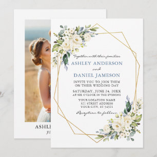 Invitation Aquarelle Floral Dusty bleu Mariage photo cadre