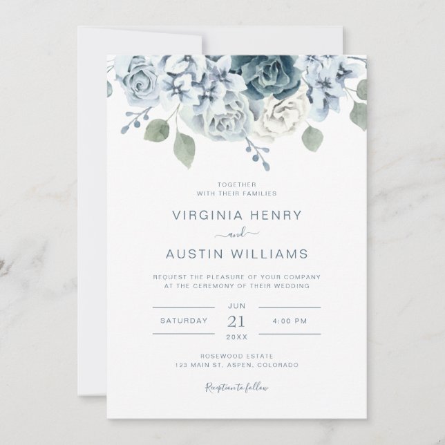 Invitation Aquarelle Floral Dusty Mariage bleu (Devant)
