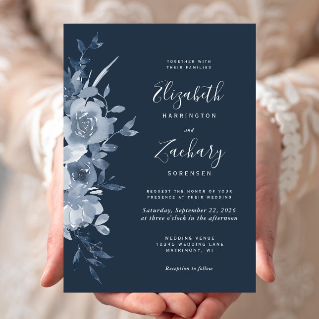 Invitation Aquarelle Floral Dusty Mariage bleu marine (Créateur téléchargé)