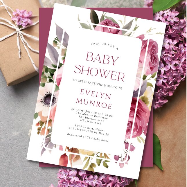 Invitation Aquarelle Floral Élégant Baby shower rose (Créateur téléchargé)