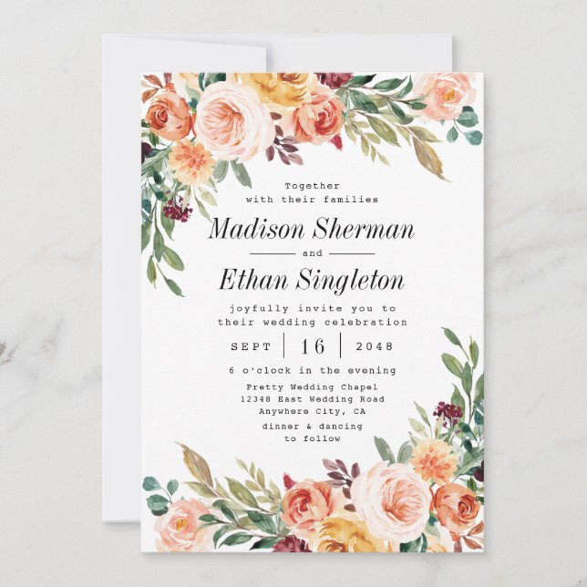 Invitation Aquarelle Floral Élégant Broussailleux Mariage Bou (Devant)