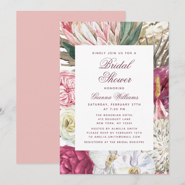 Invitation Aquarelle Floral Élégante Fête des mariées (Devant / Derrière)