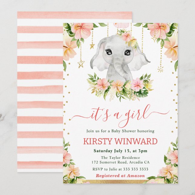 Invitation Aquarelle Floral Elephant Baby shower fille (Devant / Derrière)