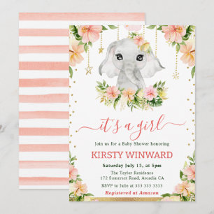 Invitation Aquarelle Floral Elephant Baby shower fille