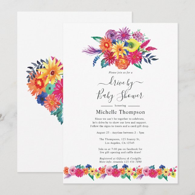 Invitation Aquarelle Floral Fiesta Drive Par Douche (Devant / Derrière)