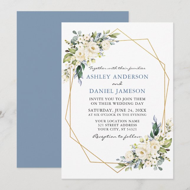 Invitation Aquarelle Floral Geo Frame Dusty Blue Mariage (Devant / Derrière)