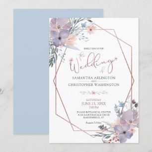 Invitation Aquarelle Floral géométrique Dusty Mariage bleu