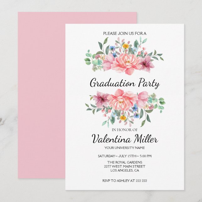 Invitation Aquarelle Floral Girl (Devant / Derrière)